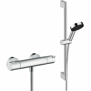 Hansgrohe Ecostat Set Mitigeur thermostatique douche + Douchette à main XXL 105mm 3 jets, flexible douche 160cm, barre 65cm
