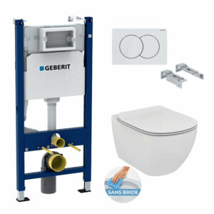 Pack WC Bati-support Geberit Duofix + WC sans bride Ideal Standard Tesi Aquablade + Abattant slim softclose + Plaque + Set d'iso