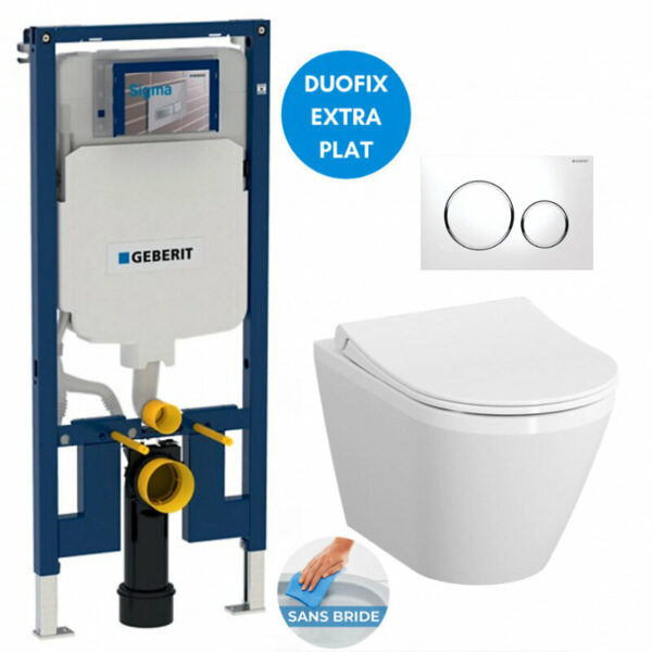 Pack WC Bati-support Geberit UP720 extra-plat + WC sans bride Vitra Integra avec fixations invisibles + Abattant softclose + Pla