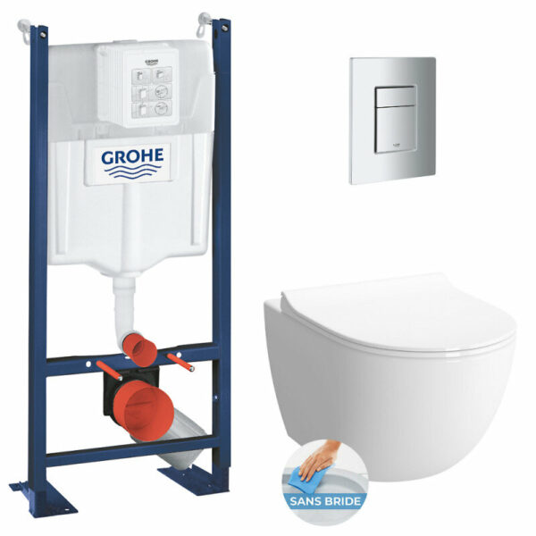 Pack Bâti-autoportant Rapid SL + WC sans bride Vitra Sento + Abattant softclose + Plaque chrome mat (ProjectSmoothSento-5)
