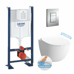 Pack WC Grohe Cuvette Compacte Sento RIM-EX + Rapid SL autoportant NF + plaque chrome