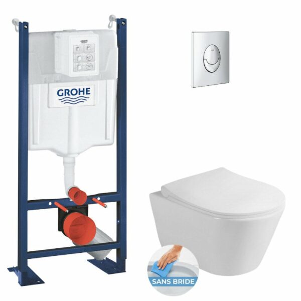 Pack WC Bâti-support autoportant + WC sans bride Lucco Avva + Abattant softclose + Plaque Chrome + Set d'isolation phonique