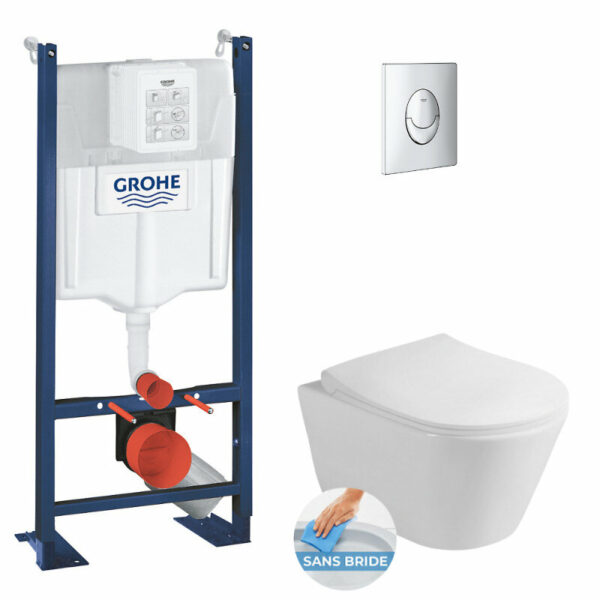 Pack WC Bâti-support autoportant + WC sans bride Lucco Avva + Abattant softclose + Plaque Chrome + Set d'isolation phonique