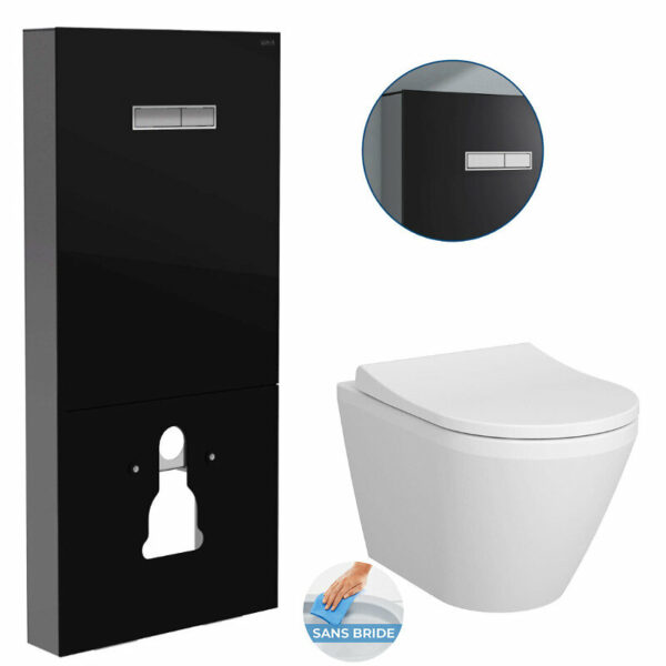 Pack Bâti-support en verre trempé/aluminium brossé + plaque intégrée, Noir brillant + WC sans bride Integra + Abattant softclose