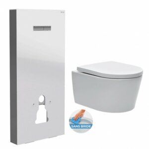 Pack WC suspendu design Vitra avec bâti support en verre trempé/aluminium brossé et plaque intégrée