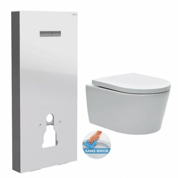 Pack WC suspendu design Vitra avec bâti support en verre trempé/aluminium brossé et plaque intégrée