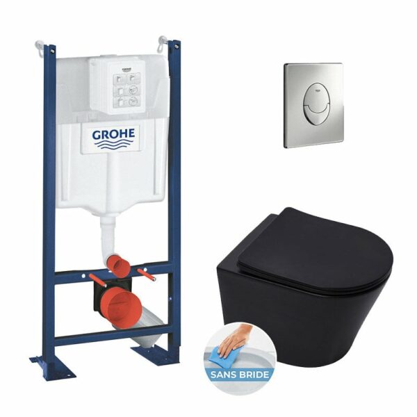 Pack WC Bâti-autoportant Grohe Rapid SL + WC sans bride SAT noir mat + Abattant softclose + Plaque chrome + Set d'isolation phonique