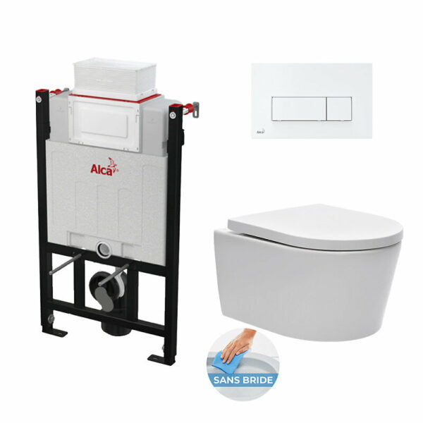 Pack Bâti 85cm + Cuvette suspendue sans bride et Plaque blanche pour WC suspendu