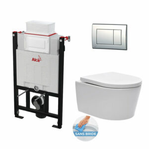 Pack Bâti 85cm + Cuvette sans bride et fixations invisibles avec abattant frein de chute + Plaque chrome