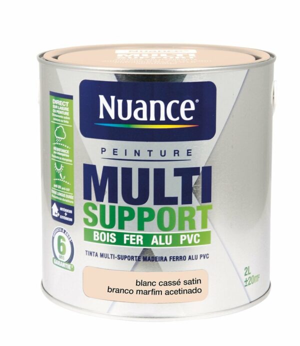 Peinture Multi-support Blanc Casse Satinée 2L – Résistante aux Intempéries, Facile à Appliquer