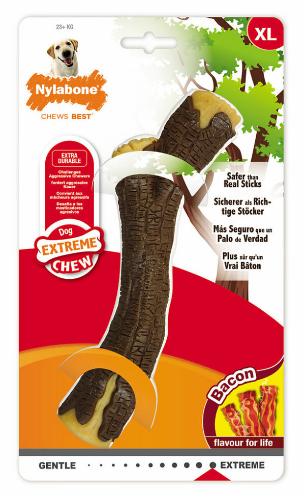 Bâton à mâcher pour chien NYLABONE WOODEN STICK EXTRA L Bacon