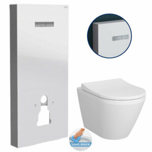 Pack WC Bâti support en verre trempé/aluminium brossé avec plaque intégrée, Blanc + WC sans bride Integra + Abattant softclose