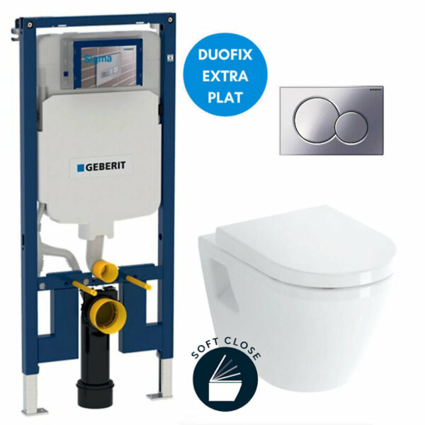 Pack WC Bâti-support Geberit extra-plat UP720 + WC suspendu Vitra integra + Abattant softclose + Plaque chrome (SLIM-Integra-N)