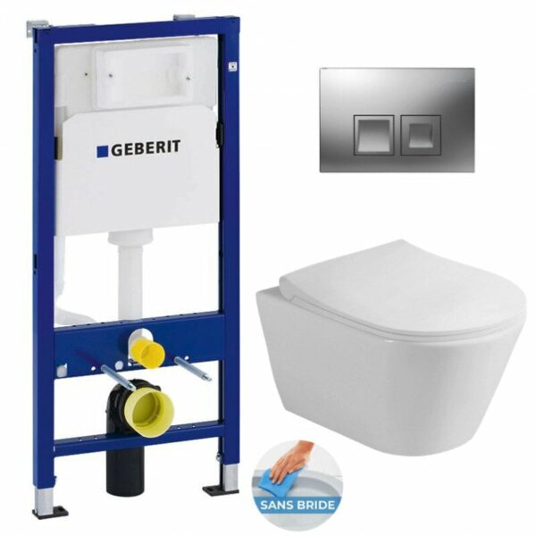 Pack WC Bati-support Geberit Duofix UP100 + WC sans bride Lucco Avva avec fixations invisibles + Abattant softclose + Plaque