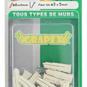 Blister de 25 chevilles en plastique Grapex 6x25mm – Fixations multi-matériaux pour bricolage et rénovation