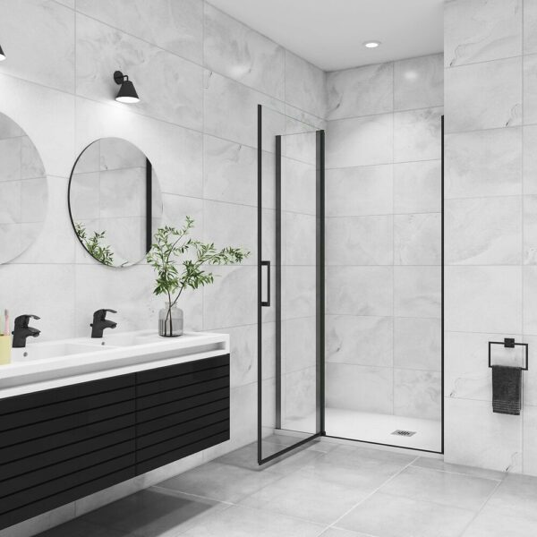 Porte de douche pivotante en verre anticalcaire noir mat 110x200cm