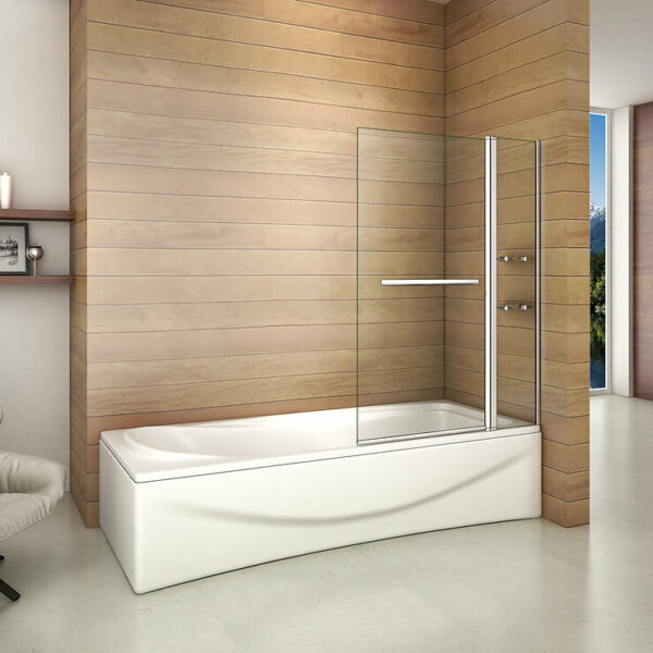 Pare-baignoire 100x140cm rectangle paroi pivotante à 240°, écran de douche en verre securit avec 2 étagères