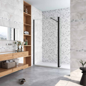 Paroi de douche 130+30x200cm avec barre de fixation 140cm recoupable, AICA paroi de douche à l'italienne avec retour pivotant 30cm en 8mm verre anticalcaire, profilé noir mat