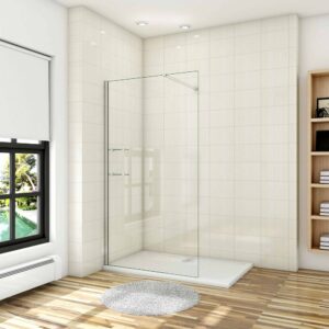 Paroi de douche à l'italienne 140x190cm en verre 8mm anticalcaire avec étagères et barre de fixation