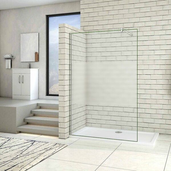 Paroi de douche 100x200cm avec barre de fixation 90cm en carré, AICA paroi de douche à l'italienne en 8mm verre bande centrale dépoli