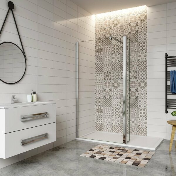 Paroi de douche 100+30x200cm avec barre de fixation 90cm et retour pivotant 30cm
