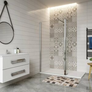 Paroi de douche 150+30x200cm avec barre de fixation 90cm en carré, verre 8mm anticalcaire