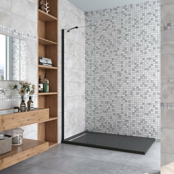 Paroi de douche 70x200cm avec barre de fixation d'angle 45cm, profilé noir mat, AICA paroi de douche à l'italienne en 8mm verre securit anticalcaire