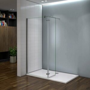 Paroi de douche avec retour pivotant en verre anticalcaire et barre de fixation