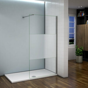 Paroi de douche 100x200cm avec barre de fixation 140cm recoupable, AICA paroi de douche à l'italienne en 8mm verre bande centrale dépoli