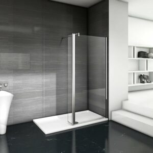 Paroi de douche 110+40x200cm avec barre de fixation 140cm en carré, verre 8mm clair de sécurité, AICA paroi de douche à l'italienne avec retour pivotant 40cm