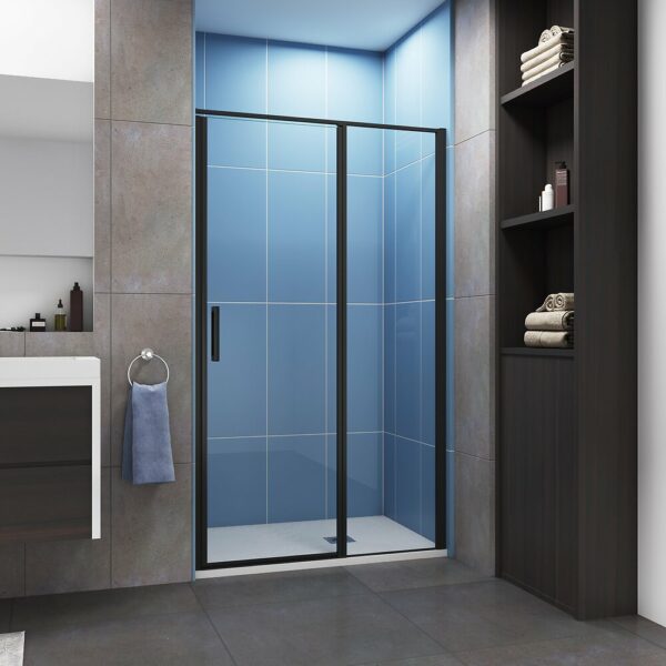 Porte de douche pivotante 90x185cm profilé noir mat Installation en niche, verre securit anticalcaire
