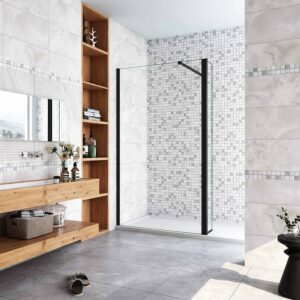 Paroi de douche 100+30x200cm avec barre de fixation 73-120cm en carré, AICA paroi de douche à l'italienne avec retour pivotant 30cm en 8mm verre anticalcaire, profilé noir mat