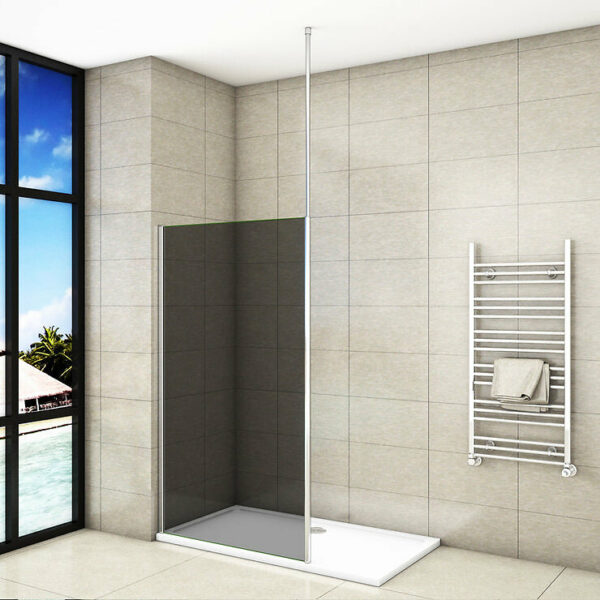 Paroi de douche grise 100x200cm avec barre de fixation au plafond 203-320cm, paroi de douche à l'italienne en 8mm verre anticalcaire