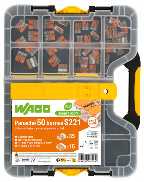 Mallette de 50 bornes Wago S221 35x2 et 15x3 entrées - Connexion rapide sans outil