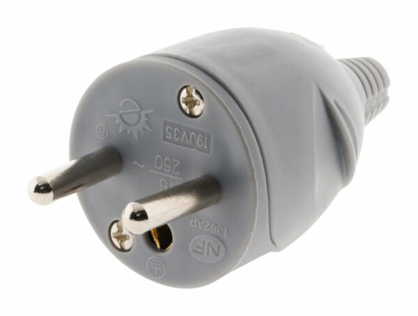 Fiche électrique mâle 2 pôles + terre 16A - Gris, IP20, pour rallonge et réparation