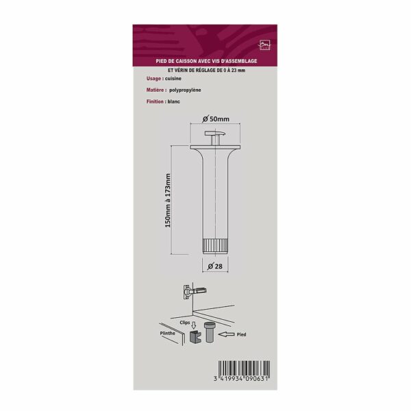 Pied de Cuisine en Plastique Blanc - Hauteur 15cm, Diamètre 2.8cm