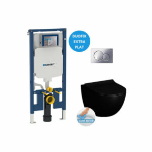 Pack WC Bati-support Geberit extra-plat UP720 + WC Vitra Sento sans bride noir mat + Fixations cachees + Abattant softclose + Pl