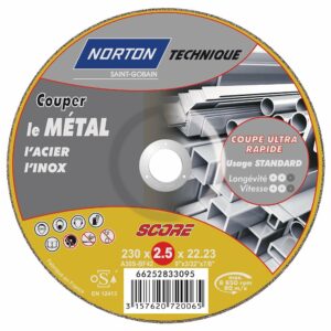 Meule de Tronçonnage Métal Plat 230x2.5x22.2 - Disque Norton Score pour Acier et Inox