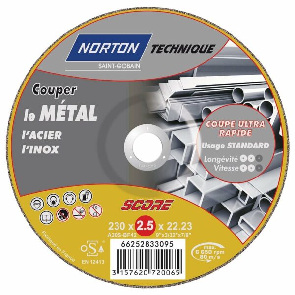 Meule de Tronçonnage Métal Plat 230x2.5x22.2 - Disque Norton Score pour Acier et Inox