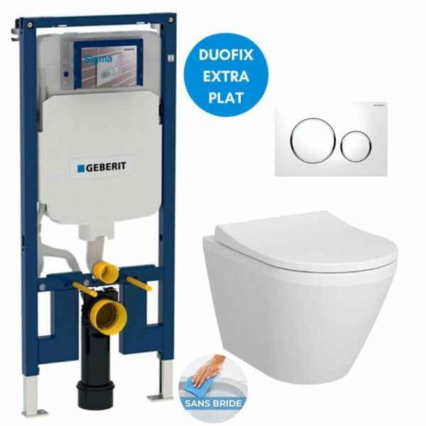 Pack WC Bati-support Geberit UP720 extra-plat + WC sans bride Vitra Integra avec fixations invisibles + Abattant softclose + Plaque