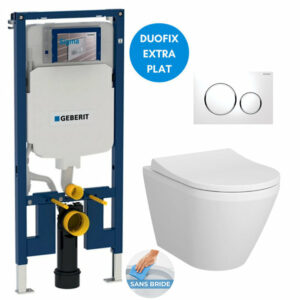 Pack WC Bâti-support Geberit UP720 extra-plat + WC sans bride Vitra Integra avec fixations invisibles + Abattant softclose + Plaque