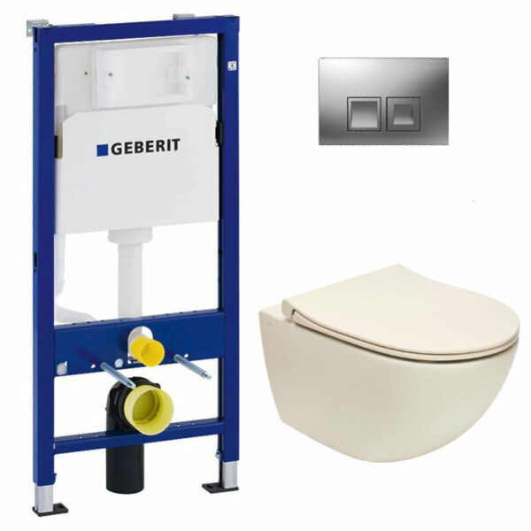 Pack Bati-support Geberit Duofix + WC sans bride Vitra Sento + Abattant softclose + Plaque chrome mat (TaupeSentoGeb2)