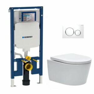 Pack WC bâti-support Geberit + WC Swiss Aqua Technologies sans bride + abattant + Plaque (SLIMSATCSP)