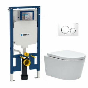 Pack WC bati-support Geberit + WC Swiss Aqua Technologies sans bride + abattant + Plaque (SLIMSATCSP)