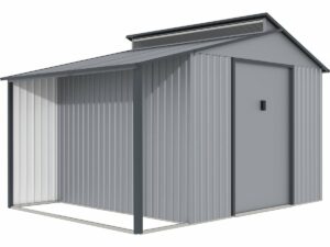Abri de jardin métal avec pergola « Madras » – 9.12 m² – Structure en zinc gris, facile à monter
