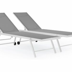 Lot de 2 bains de soleil inclinables en textilène et aluminium "Jolia" Gris / Blanc – Confort et Résistance pour l’Extérieur