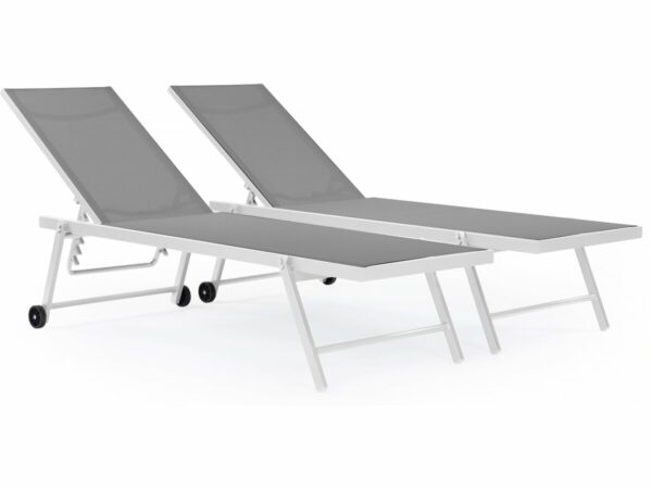 Lot de 2 bains de soleil inclinables en textilène et aluminium "Jolia" Gris / Blanc – Confort et Résistance pour l’Extérieur