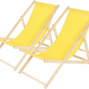 Lot de 2 Transats en Bois "Chilienne" Jaune - Pliable, Léger et Facile à Ranger - 107x56.5x81 cm