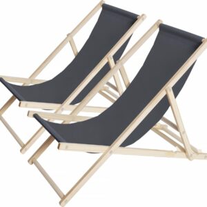 Lot de 2 Transats en Bois "Chilienne" Pliables et Légers – 107x56.5x81 cm - Gris