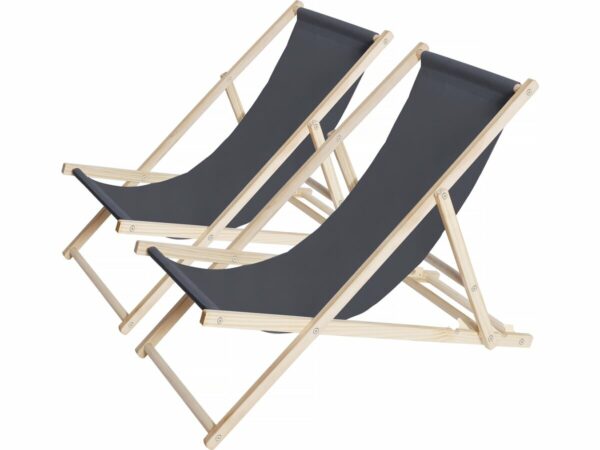 Lot de 2 Transats en Bois "Chilienne" Pliables et Légers – 107x56.5x81 cm - Gris